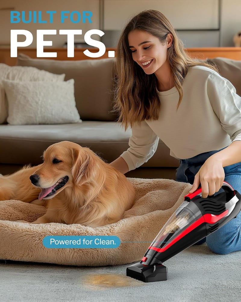 Powools Pet Hair Handheld Vacuum Cordless, Car Vacuum Rechargeable with Reusable Filters, Motorized Brush and Multi-Accessories for Carpet, Couch & Stairs, Red, 17.0"X 4.6"X 6.6" - Image 2